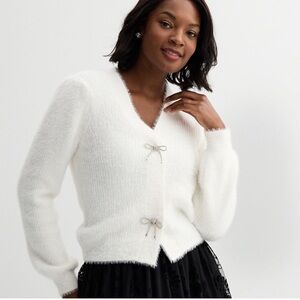 Draper James Bow Fuzzy Elegant White Women's Sweater Size XL